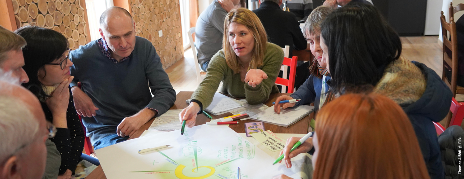 Group of advisors discussing ideas around a table during a workshop.